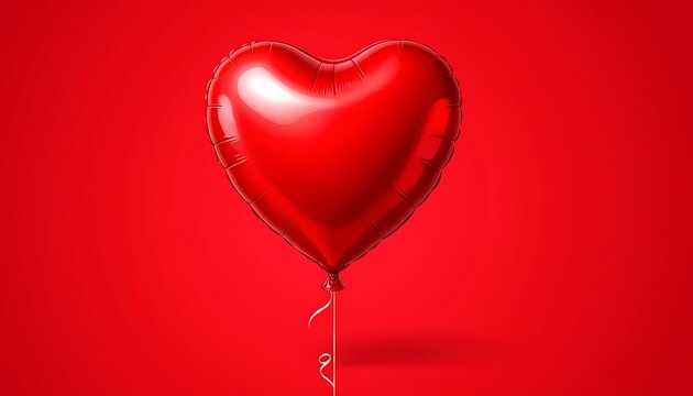 Shiny red heart shaped balloon on solid red background with copy space