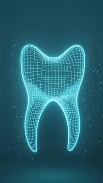 Futuristic digital wireframe of a tooth on a blue background