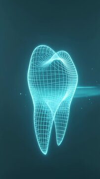 Futuristic digital wireframe of a tooth on a dark background