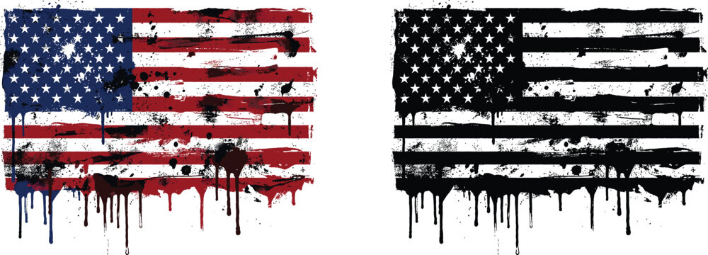American Flag with Ink Blot Splatter and Paint Drip Grunge Effect &ndash; Distressed Patriotic USA Vector in Color and Black White