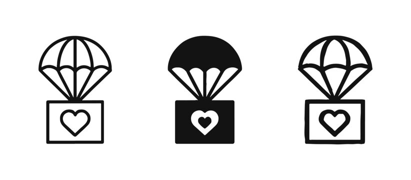 Charity Parachute Icon Set - Box with Heart Air Drop, Humanitarian Aid, Relief, Outline Solid Hand Drawn Styles