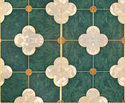 Colonial heritage tiles in random floral, ornamental, abstract rounded quatrefoil patterns. Handmade colonial tiles, or old heritage tiles in green, brown, and beige color. Seamless texture.