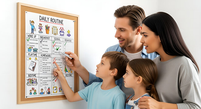 Family members pointing at a colorful daily routine chart with icons for various activities, fostering organization and shared responsibilities