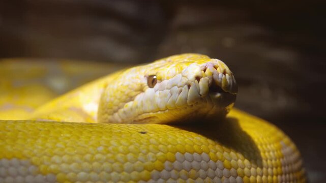 Large albino reticulated python rests coiled in a zoo enclosure.