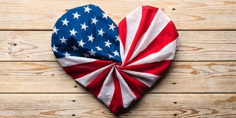 Obraz premium Heart Shaped American Flag Fabric on Wooden Background Representing Love for Country Patriotism and Independence Day Concept