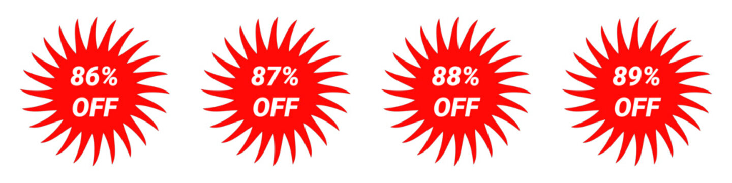 Set of Striking Red Star burst Sale Discount Badges, Promotional Offer Tags Stickers with 86, 87, 88 and 89% percentage Off White Text Vector