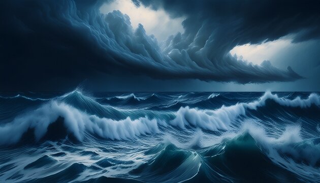 a dramatic and stormy ocean scene with large waves and dark clouds looming over the water