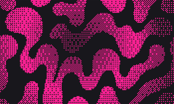 Futuristic pixel bitmap abstract background. Pink organic liquid shapes. Retro nostalgic y2k aesthetic