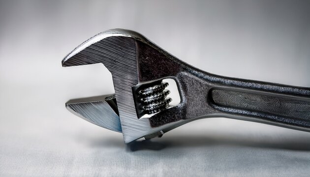 realistic studio photo of a large adjustable wrench tool made of thick silver and grey wool yarn for cozy repair and maintenance concept