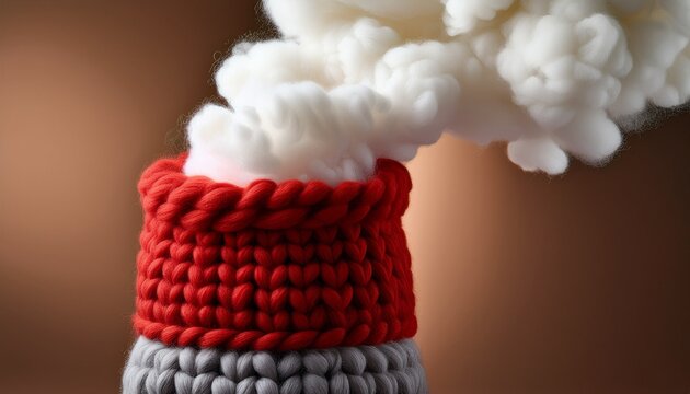 realistic studio photo of an industrial factory chimney made of grey and red chunky wool yarn with white knitted smoke clouds on brown background
