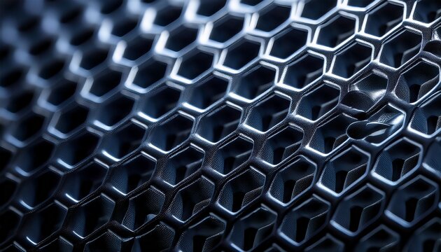 macro background of a dark hexagonal polymer mesh texture for futuristic material science and industrial product design