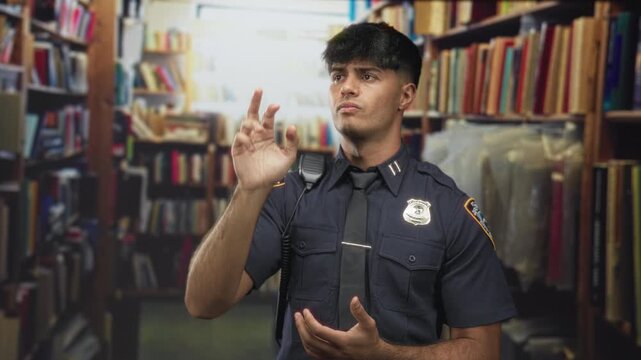Man police officer makes ok hand gesture while adjusting tie with shoulder radio and badge visible in library building; vigilant duty.