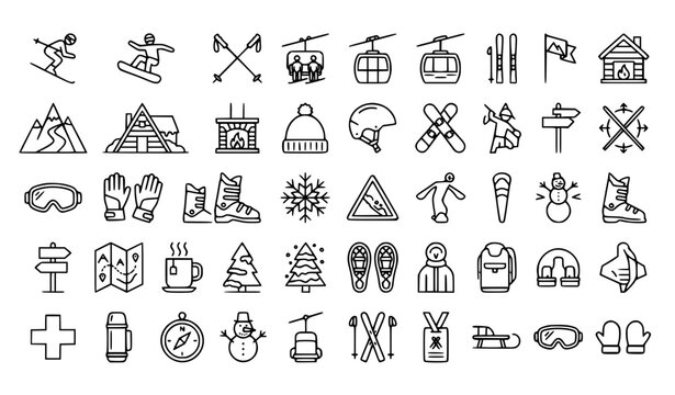 Ski resort outline icon set with skiing snowboard mountain and editable stroke vector collection