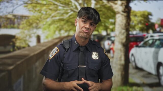 Young police officer in uniform gesturing with hands and pursed lips beside parked cars and tree lined walkway on a street; skepticism duty.