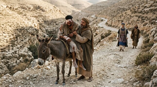 The good samaritan helping an injured man on a donkey in the desert