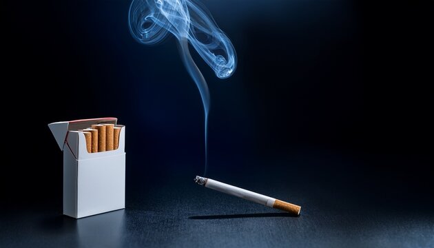 a single cigarette floating in space near an empty cigarette packet with smoke rising from it this creates a striking contrast against the clear dark background