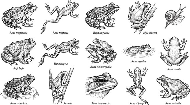 Vintage Style Scientific Illustration Vector Set of Various Frog Species and Toads with Latin Names for Biological Research Nature Education and Antique Decorative Art Projects