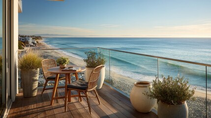 Fototapeta premium Sunlit Ocean-View Balcony with Glass Railings, Wooden Deck, and Cozy Outdoor Seating