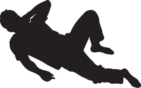 Black silhouette of a man lying down, vector illustration, flat design, monochrome
