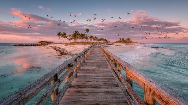 Sunrise panorama of a wooden footbridge leading to Smathers Beach on the Florida coast