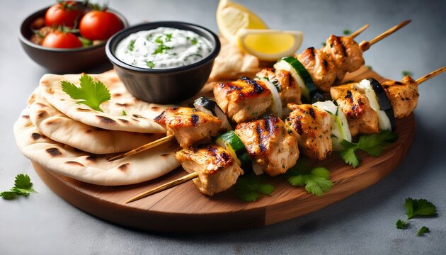 traditional greek chicken souvlaki skewers served with pita bread and tzatziki sauce on a wooden board