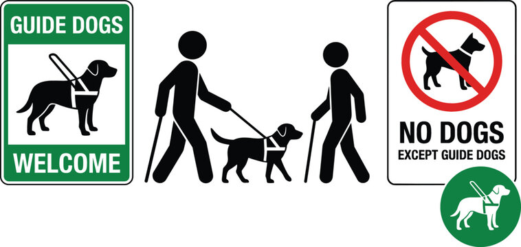 Guide Dogs Welcome and No Dogs Except Service Animals Icon Set for Accessibility Inclusion and Public Safety Signage Design Projects