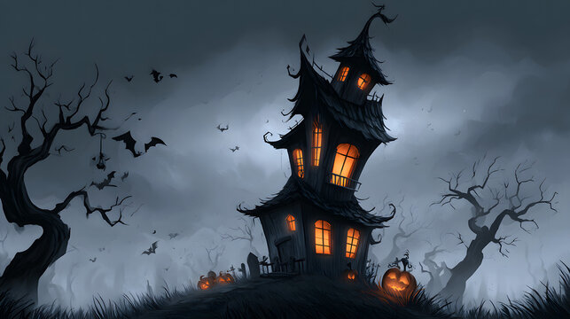 Whimsical spooky mansion with glowing windows, pumpkins and bats in playful halloween mood