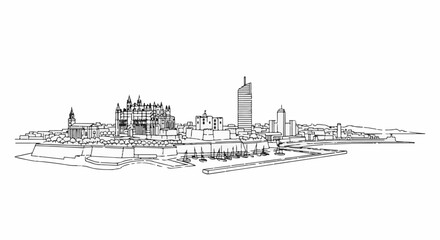Fototapeta premium Panoramic line art sketch of a coastal cityscape with historic architecture and modern buildings