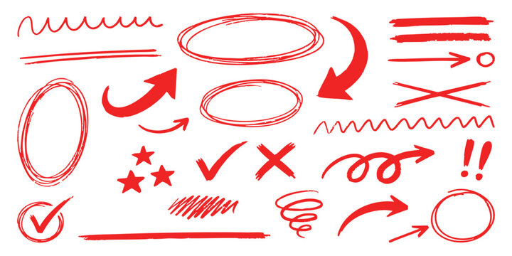 Set of hand drawn red marker arrows circles stars and lines for highlighting important text and notes