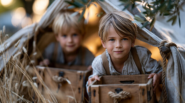 Two children drag a wooden crate through tall summer grass, building a makeshift fort with old fabric and rope in a rural yard, golden hour light filtering through leaf canopy overhead, perfect for 