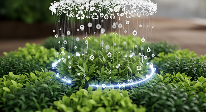 Sustainable ecosystem with glowing blue ring and recycling icons raining down on lush green plants in a garden setting