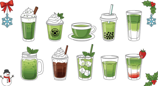 Japanese Matcha Green Tea Drink Icon Set with Iced Lattes, Smoothies, Boba, and Hot Tea for Holiday Menus, Cafes, and Winter Seasonal Graphic Design