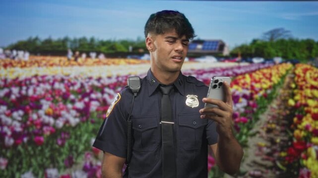 Man police officer holding smartphone, squinting at screen, badge visible and radio mic on uniform, tulip field backdrop in studio; frustration duty.