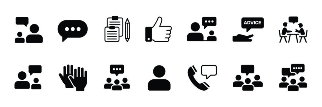 Advice consultant and proposal icon vector set featuring write, thumbs up, support, helpdesk and assistance symbols, ideal for business and customer service design.