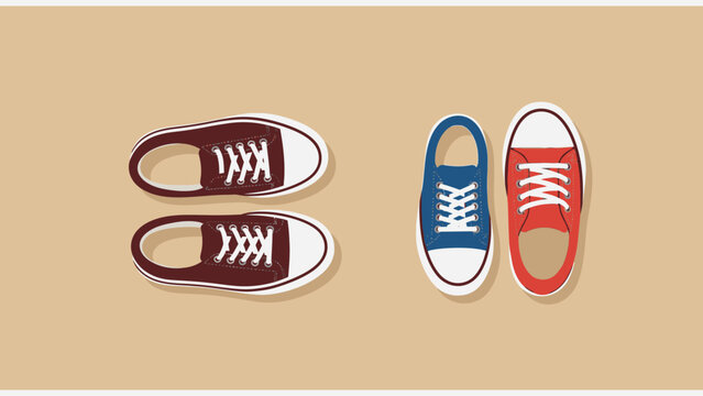 Vibrant illustration of various casual canvas shoes and sneakers in a flat design, showcasing different colors and styles for fashion concepts.