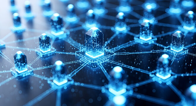 Futuristic digital network infrastructure with glowing blue connections representing data flow and technological innovation in a distributed system