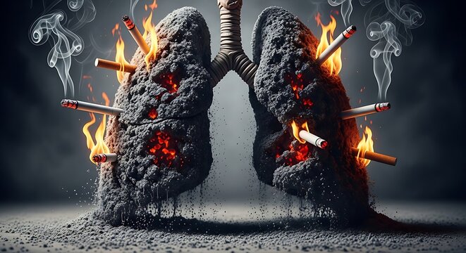 Human Lungs on Fire with Cigarettes Impaled Representing Smoking Dangers.