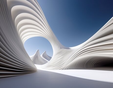 modern minimalist background of a white parametric architectural structure with organic flowing curves and elegant shadows for design
