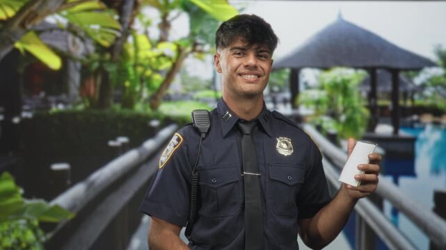 Young hispanic man police officer points at badge while holding a notepad and pen on a studio set with a tropical pool gazebo backdrop; pride duty service.