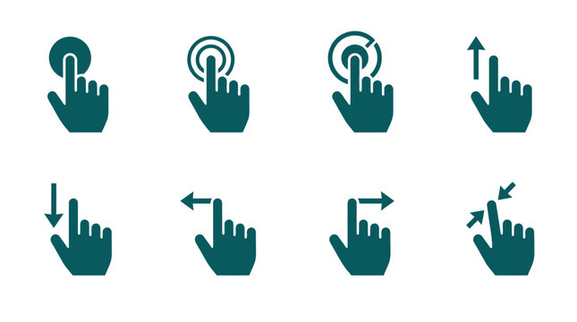 Various hand gestures demonstrating touch screen interactions and navigation techniques