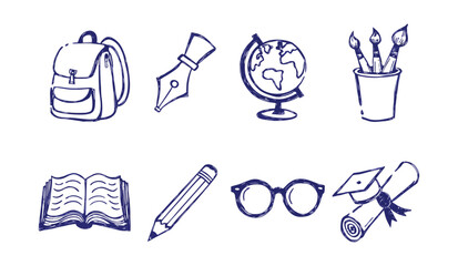 Fototapeta premium Education continuous one line drawing. Set of books, academic cap, pen, abacus, and study bag.one line icon illustration with white background,