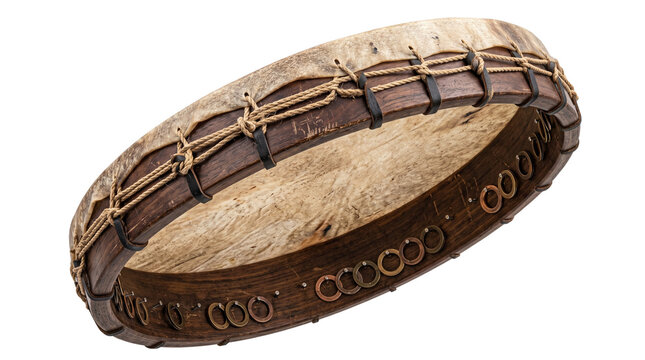 Traditional shamanic frame drum with rawhide skin, ethnic percussion instrument with wooden frame and metal rings, ritual hand drum for meditation isolated PNG with Transparent Background