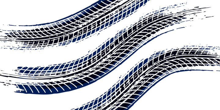 Black tire marks on road, Black rubber tire marks and tread marks, Tire trace track wheels texture and background, Auto tire tread grunge, Car wheel tyre tread track black tyre print, Top view.