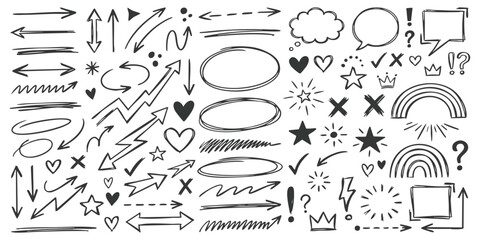 Set of hand drawn arrows circles speech bubbles hearts stars and doodle design elements for notes and bullet journals © ZenVectors