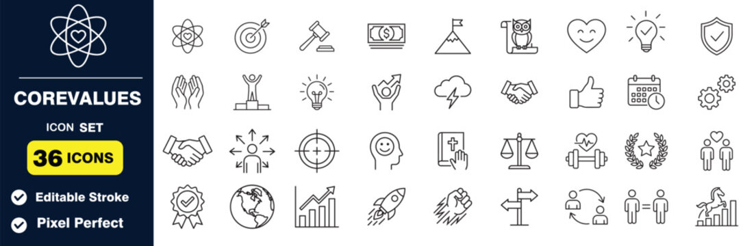 Core values icon set, editable stroke, pixel perfect