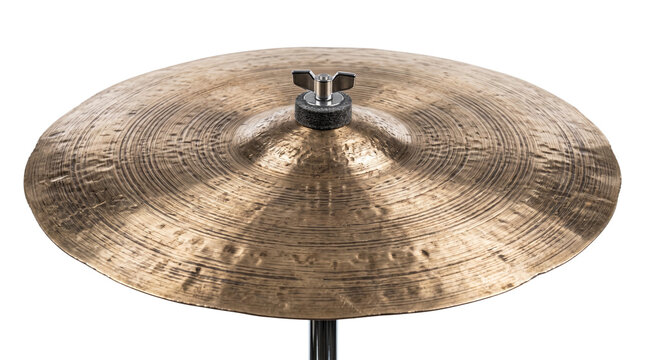 Professional bronze drum cymbal with hammered texture, percussion musical instrument on stand, golden metallic crash cymbal for jazz and rock music isolated PNG with Transparent Background
