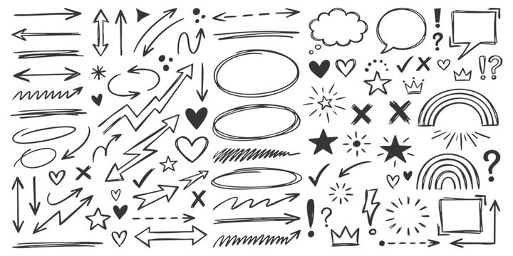 Set of hand drawn arrows circles speech bubbles hearts stars and doodle design elements for notes and bullet journals