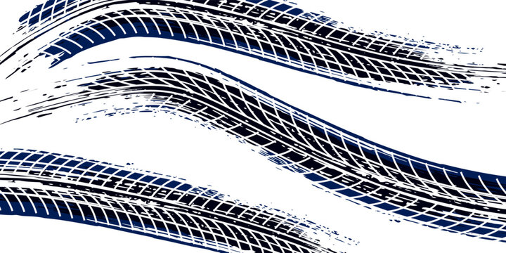 Black tire marks on road, Black rubber tire marks and tread marks, Tire trace track wheels texture and background, Auto tire tread grunge, Car wheel tyre tread track black tyre print, Top view.