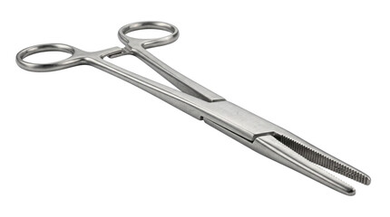 Obraz premium Surgical hemostat forceps made of stainless steel, medical arterial clamp for surgery, professional metallic surgical instrument for healthcare isolated PNG with Transparent Background