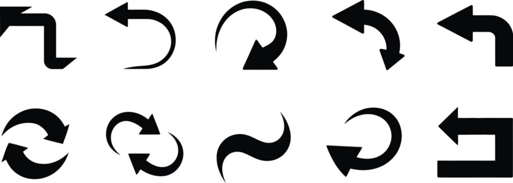 Arrows direction icons, left direction return previous backward navigation symbols, pointer back interface elements isolated on white vector illustration.
